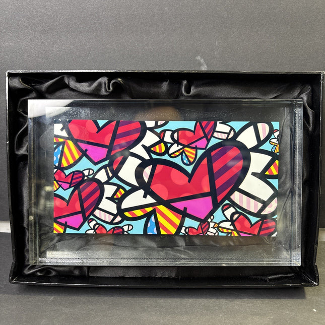 Romero Britto Double Sided Glass Block- Flying Hearts Design