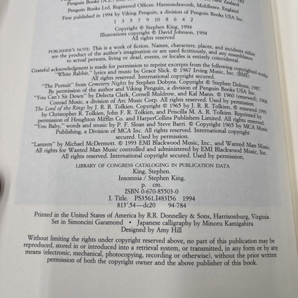 Stephen King Insomnia 1994 Hardcover True 1st Edition 1st Print HCDJ Viking VG