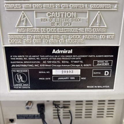 Admiral 13” Color TV #12301 00 W/Remote And Original Box