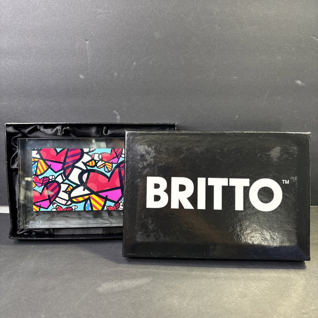 Romero Britto Double Sided Glass Block- Flying Hearts Design