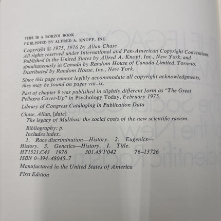 1977 THE LEGACY OF MALTHUS: THE SOCIAL COST OF THE NEW SCIENTIFIC RACISM 1st ED